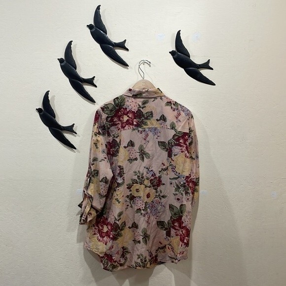 Soft Surroundings Silk Blend Pink Cottage Floral Print Popover Blouse - L - Picture 2 of 7